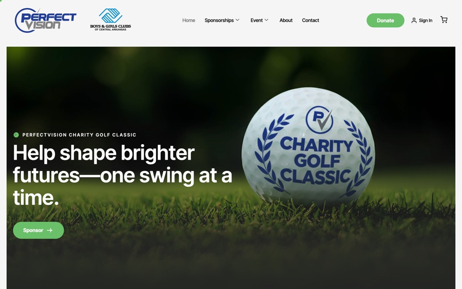 The relaunched PerfectVision Charity Golf Classic homepage